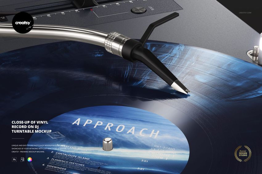 Mockup of a vinyl record on a DJ turntable, highlighting the stylus arm and textured record surface from above.