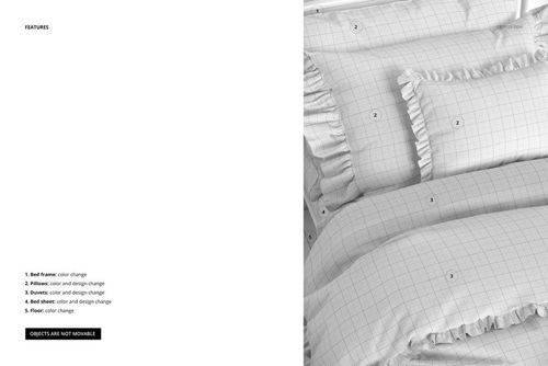 Front view of ruffled pillows and duvet covers with a subtle grid pattern on a bed, shown in a PSD mockup scene.