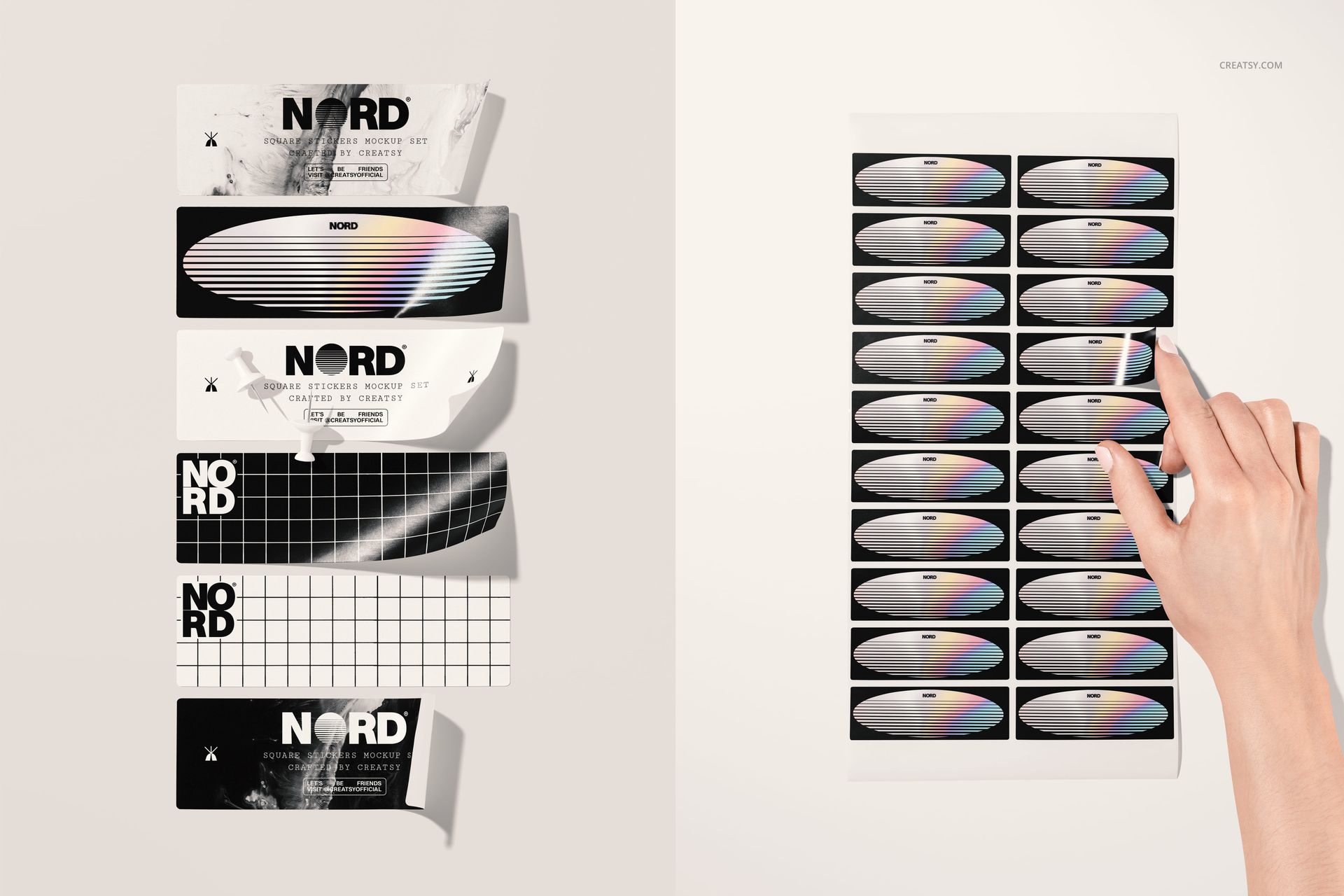 PSD mockup of rectangular stickers in various monochrome styles, arranged neatly on a sheet and individual strips.