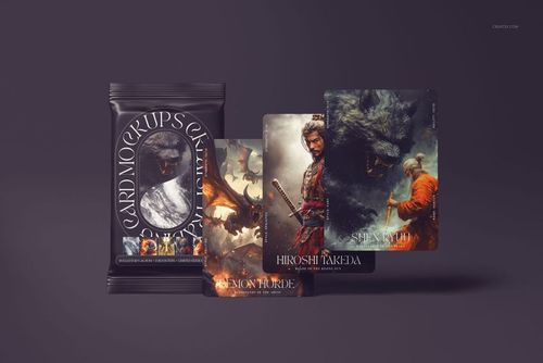PSD mockup showing trading cards with vivid artwork and a sealed package, displayed upright on a neutral surface.