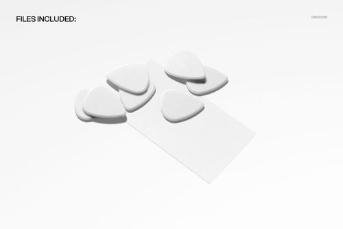 Front view of a guitar picks packaging mockup featuring several white guitar picks and a blank business card on a white background.