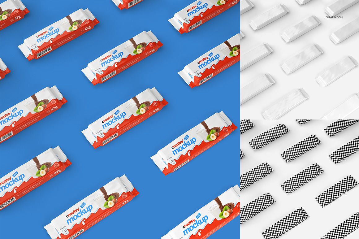 Rectangular bar packaging mockups arranged in a diagonal pattern on a blue surface, featuring red and white wrappers.