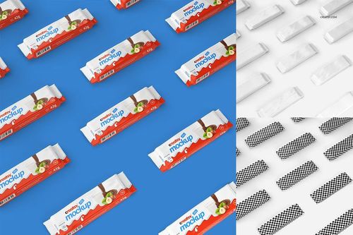 Rectangular bar packaging mockups arranged in a diagonal pattern on a blue surface, featuring red and white wrappers.