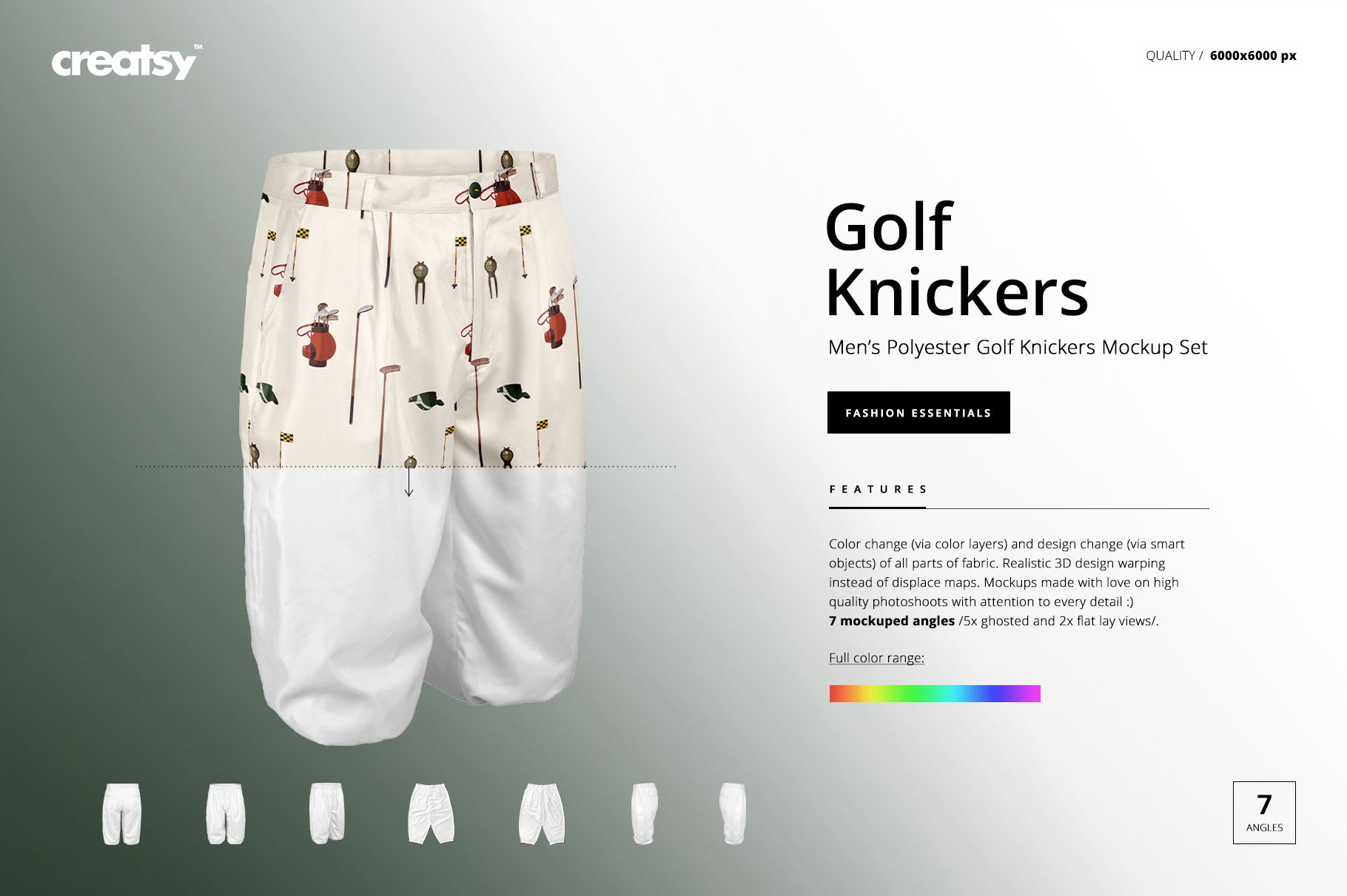 Front view of men's polyester golf knickers mockup with white base and illustrated sports-themed pattern on top section.