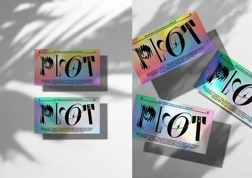 Holographic business cards with bold black text displayed on a split background with soft shadows and light effects.