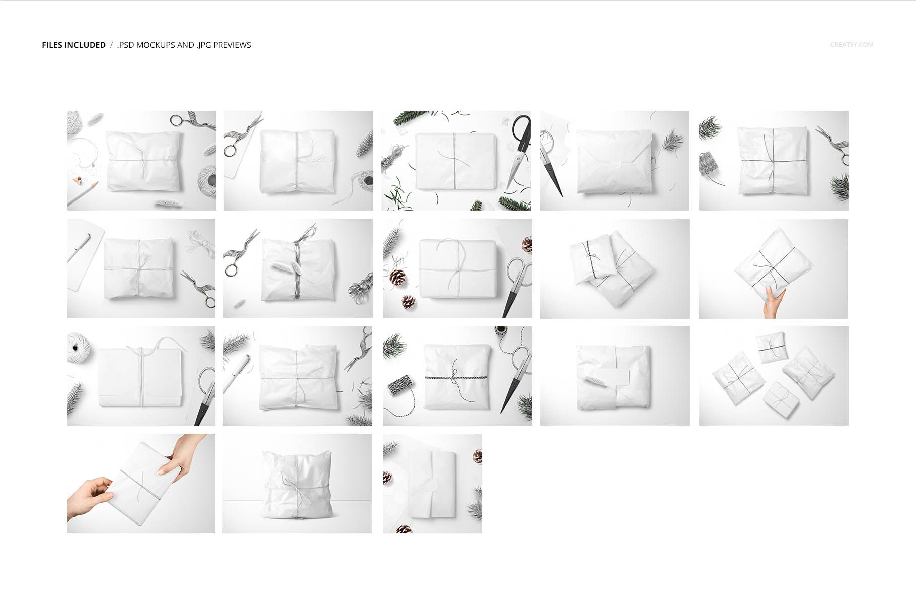 Set of white tissue paper mockups for gift wrapping, shown in various arrangements with scissors and twine on a white background.