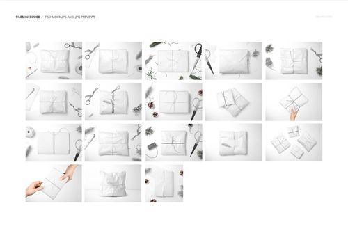 Set of white tissue paper mockups for gift wrapping, shown in various arrangements with scissors and twine on a white background.