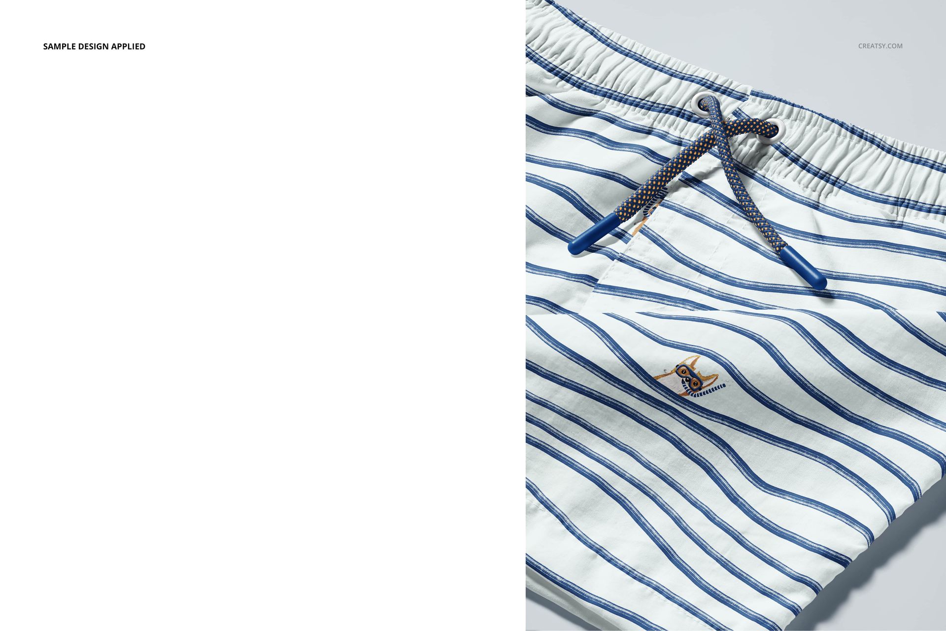 Close-up of kids swim shorts mockup showing blue striped pattern, elastic waistband, and drawstring cords on white background.