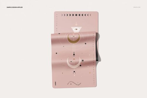 PU leather yoga mat mockup set shown from above, featuring soft pink tones and moon phase illustrations.