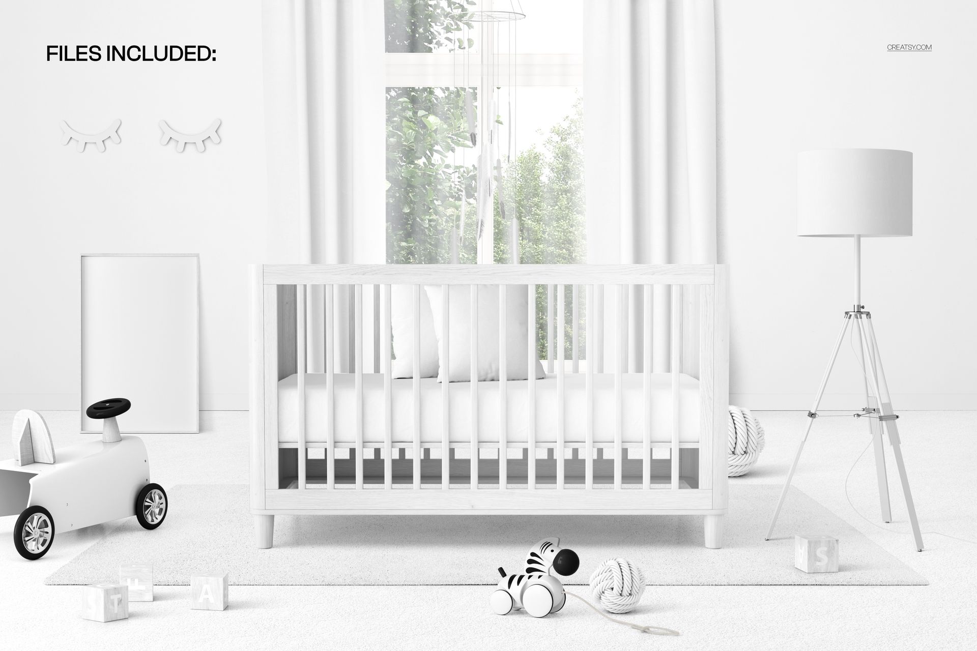 PSD mockup showing a modern nursery with a white crib, floor lamp, plush toys, and a window in the background.