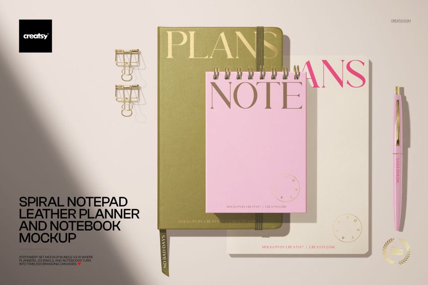 Spiral notepad, leather planner, and notebook mockup displayed on a light surface with gold and pink accents.