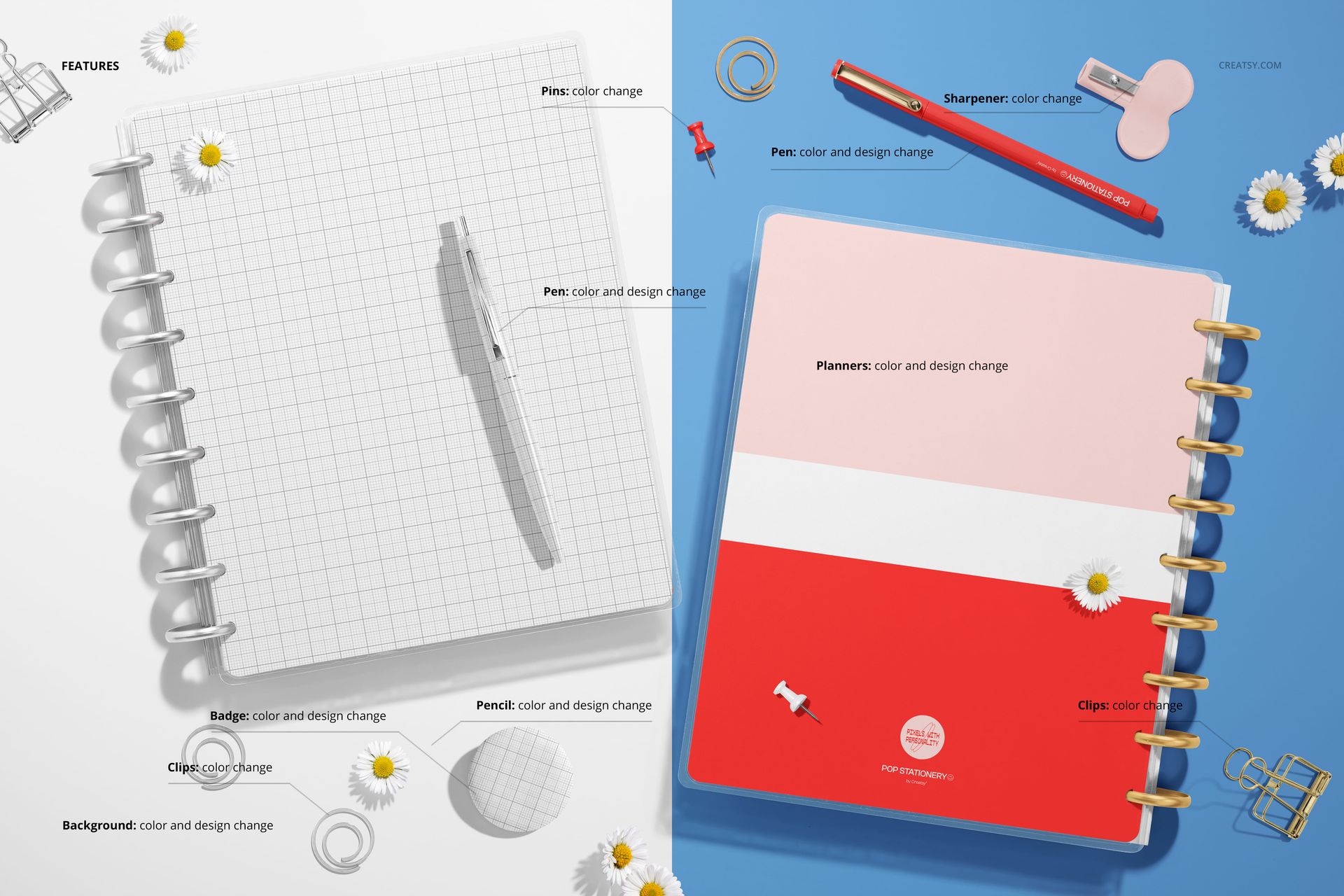 Spiral planner mockup showing both front and back views, with grid and color block designs, surrounded by stationery items.