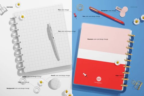 Spiral planner mockup showing both front and back views, with grid and color block designs, surrounded by stationery items.