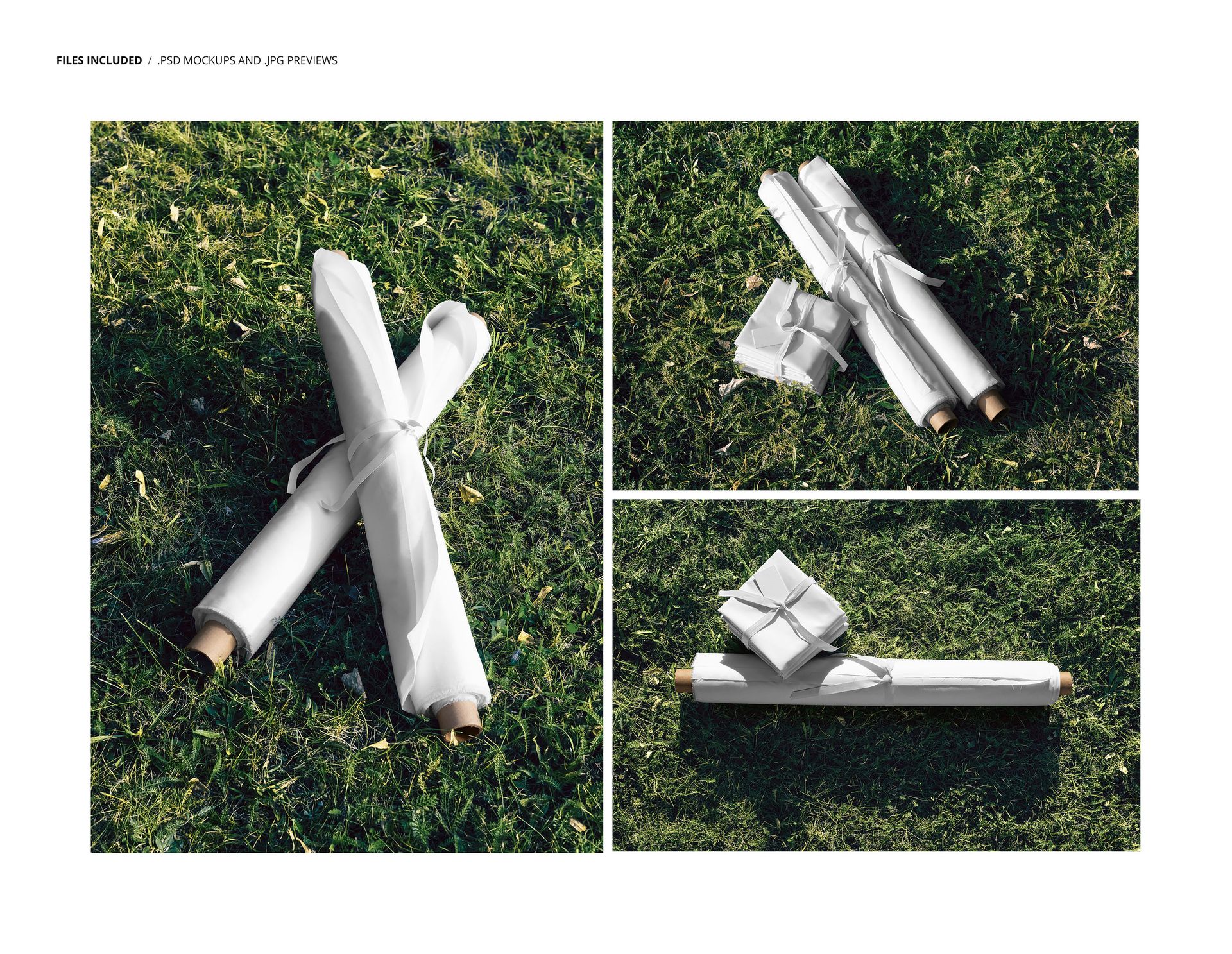 PSD mockup featuring fabric rolls and stacks in white covers placed on grass, with sunlight casting natural shadows.