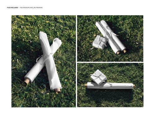 PSD mockup featuring fabric rolls and stacks in white covers placed on grass, with sunlight casting natural shadows.