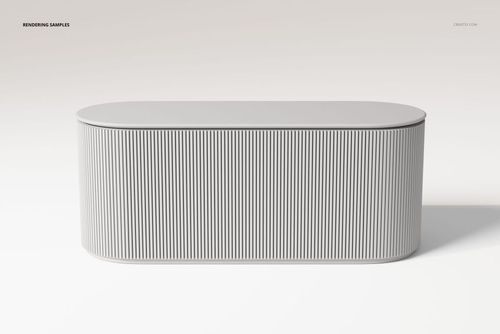Front view of a modern flute bar cabinet with rounded edges and vertical ribbed texture in light gray color.