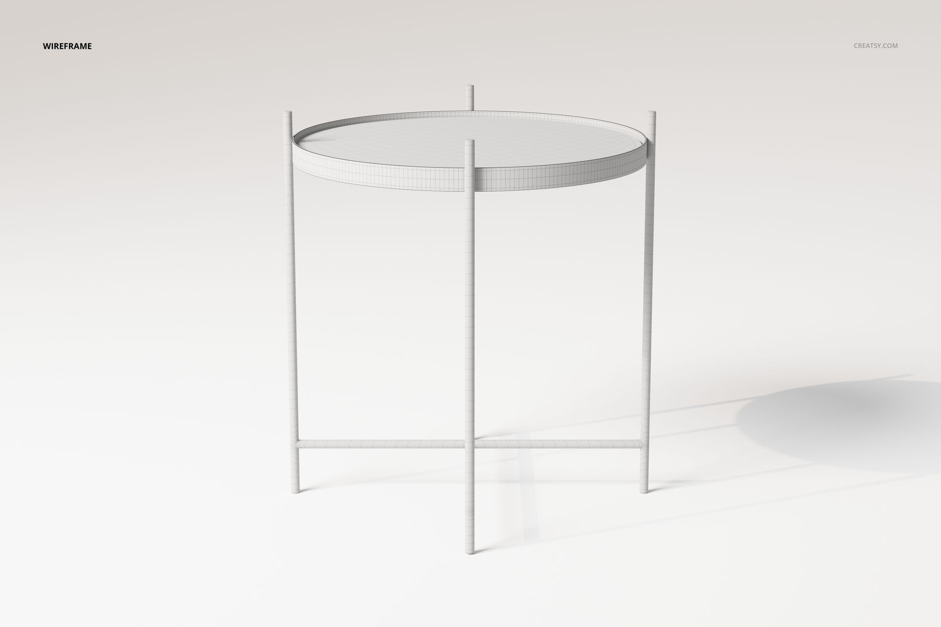 Wireframe view of a round mirror top side table with four slender legs, shown from a front angle on a light background.