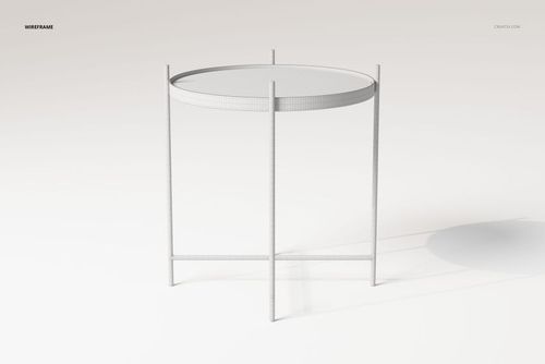 Wireframe view of a round mirror top side table with four slender legs, shown from a front angle on a light background.