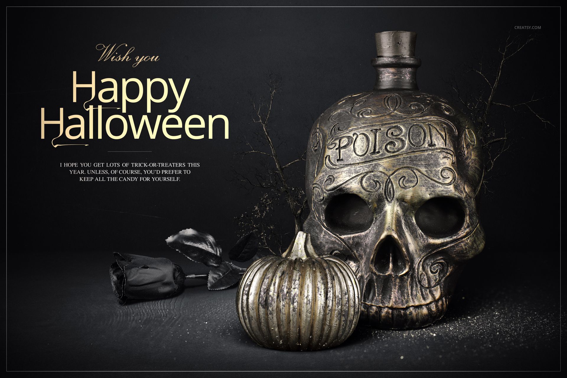 Halloween PSD mockup featuring a skull bottle, metallic pumpkin, and black props against a dark background.