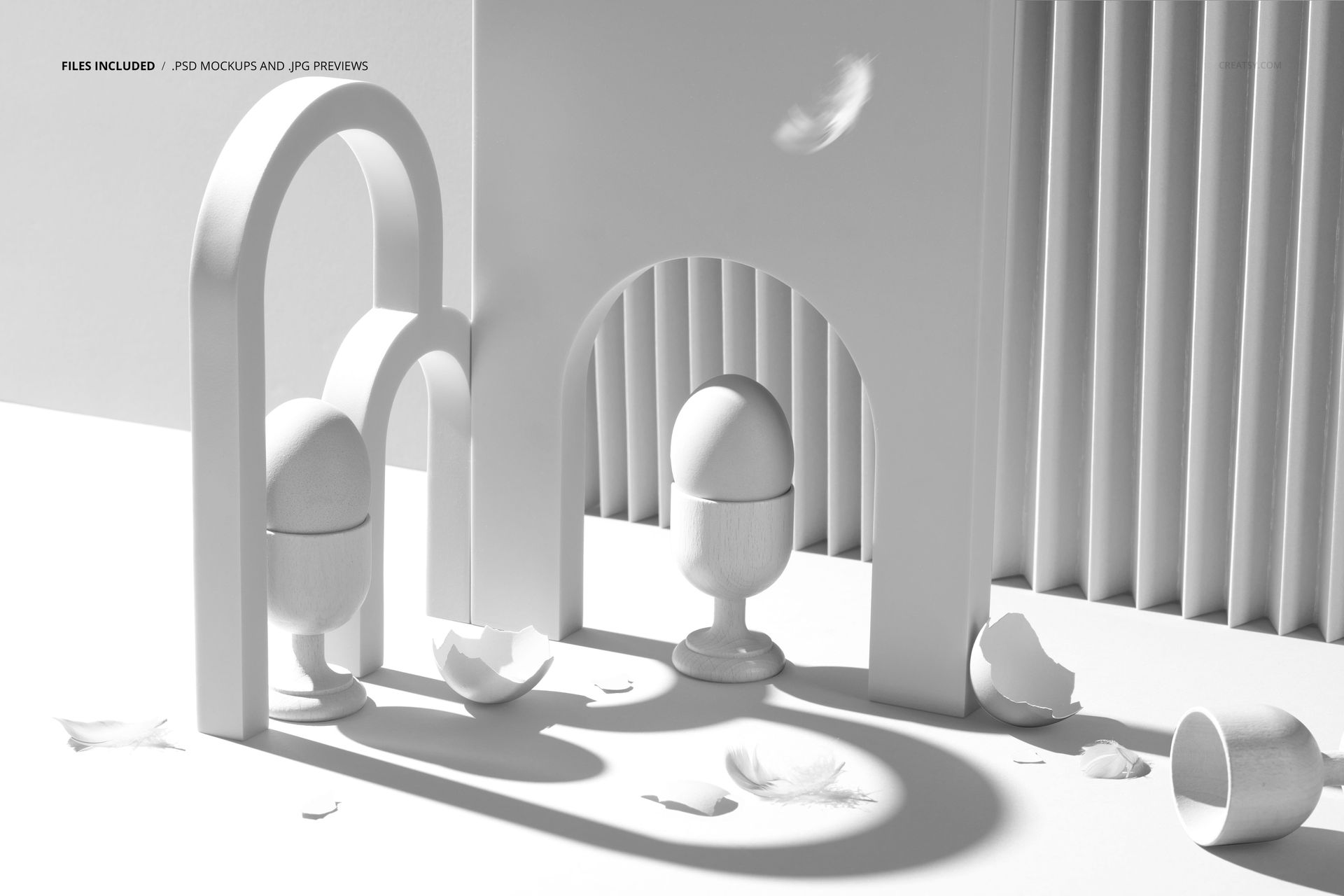 Modern Easter egg mockup scene with two eggs in holders, white arches, broken eggshells, and soft feathers.