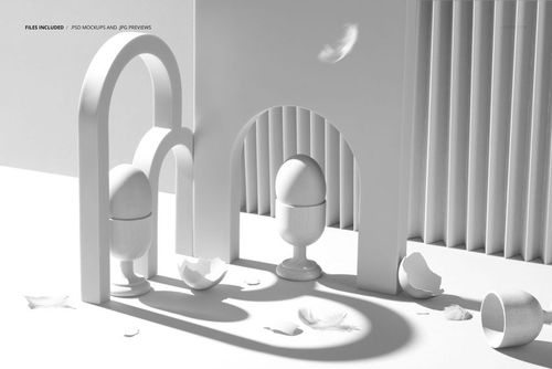 Modern Easter egg mockup scene with two eggs in holders, white arches, broken eggshells, and soft feathers.