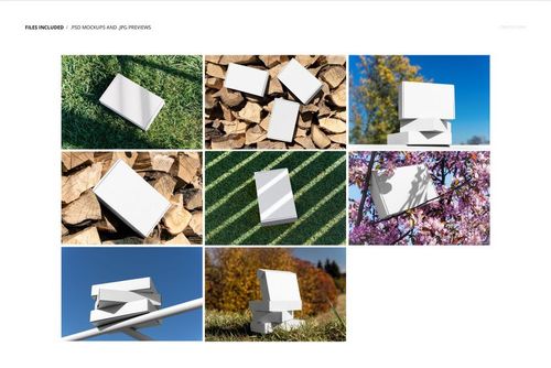 Set of blank mailing box mockups displayed in natural outdoor environments such as grass, wood, and floral backgrounds.