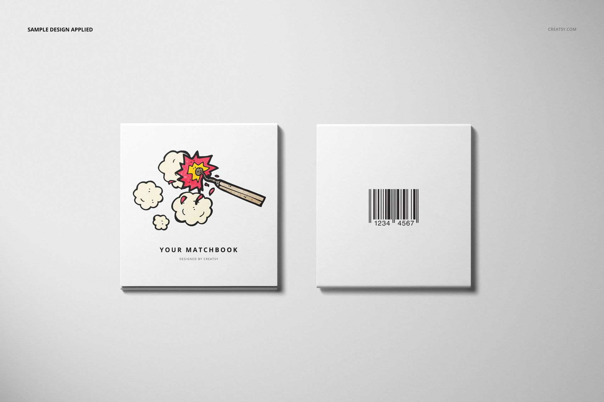 Front and back view of square matchbook packaging mockup with illustrated match striking design and barcode.