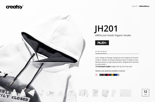 White AWDis JH201 hoodie mockup displayed on a light background, showing front view with black hood lining and partial artwork.