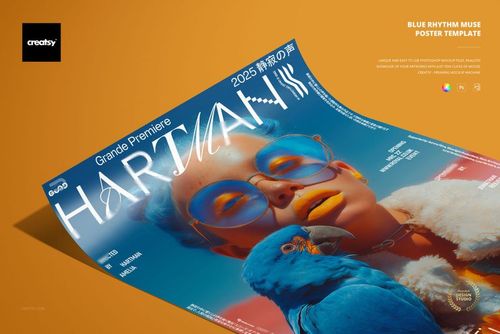Front view of a poster mockup with vibrant blue and orange tones, featuring a woman in sunglasses and a parrot.