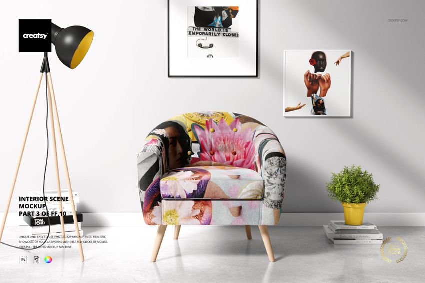 PSD mockup showing a stylish home setting with a colorful armchair, wooden lamp, framed artwork, and a yellow plant pot.