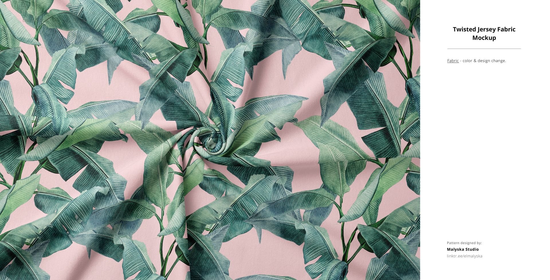Twisted jersey fabric mockup featuring a green banana leaf pattern on a soft pink background, viewed from above.