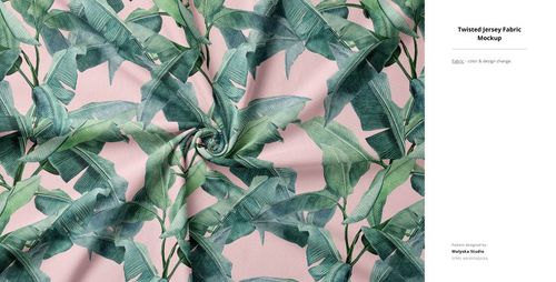 Twisted jersey fabric mockup featuring a green banana leaf pattern on a soft pink background, viewed from above.