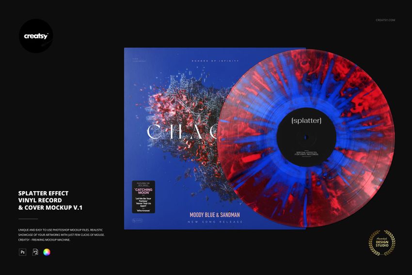 Top-down perspective of a PSD mockup showing a colorful splatter effect vinyl record and a blue cover with graphic art.