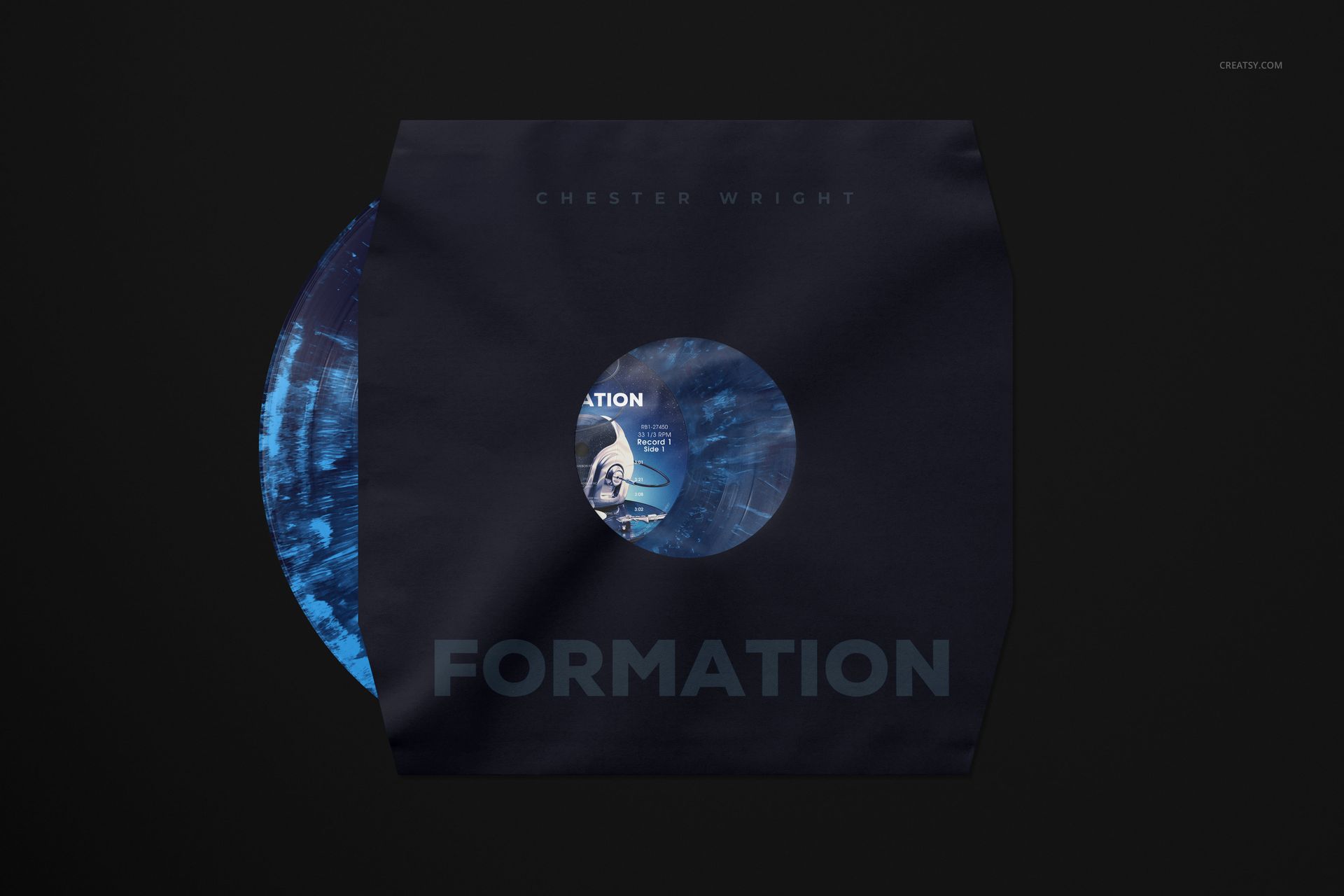 Vinyl record sleeve mockup showing a blue patterned record half inside a black sleeve with visible text and cutout.