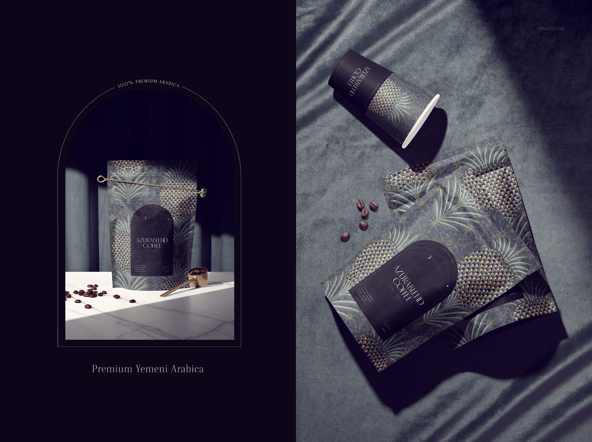 Coffee packaging mockup set featuring a pouch and cup with dark patterned labels, shown on a textured surface.