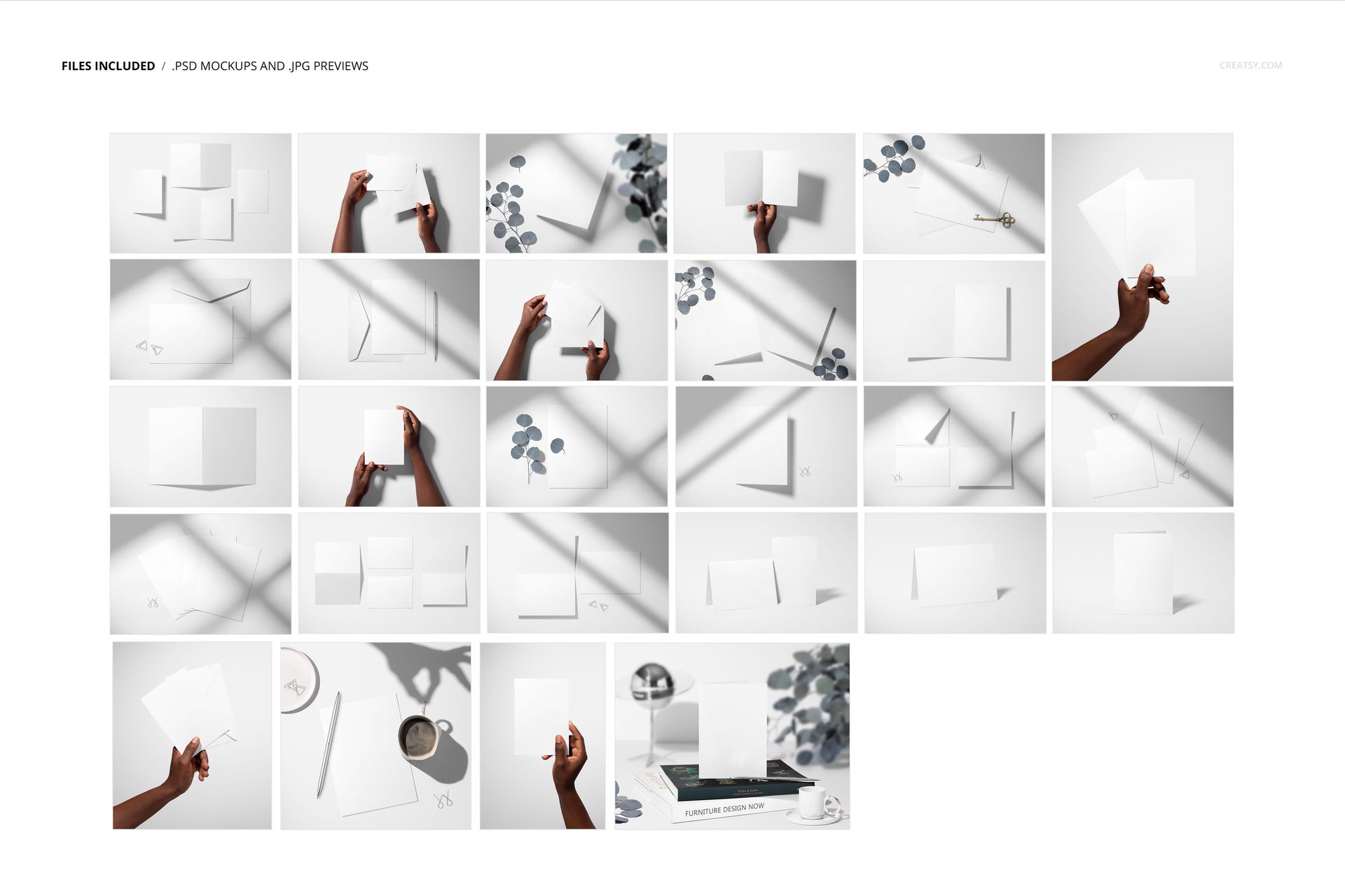 Collage of 5x7 greeting card mockups featuring blank cards and envelopes in various arrangements and lighting.