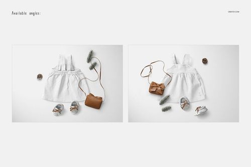 Baby dress mockup shown in flat lay style with matching sandals, brown purse, pine cones, and greenery on a light surface.