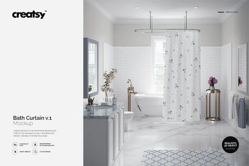 White bath curtain mockup hanging in a modern bathroom, floral accents visible, marble countertop and tub in background.