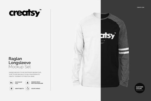 Front view of two adult raglan longsleeve shirts in a PSD mockup, one in black and white, one in gray and white, on a neutral background.