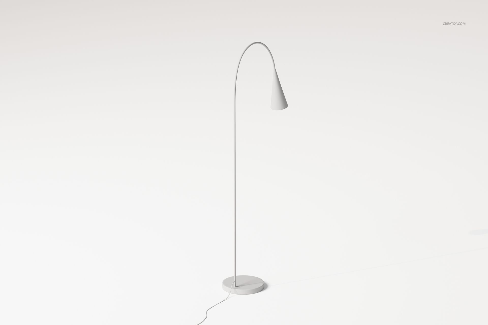 Minimalist arc floor lamp with a slender curved stand and conical shade, shown in a light neutral setting.