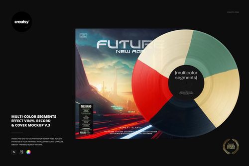 Colorful segmented vinyl record and its cover mockup displayed side by side, featuring a sci-fi city illustration.