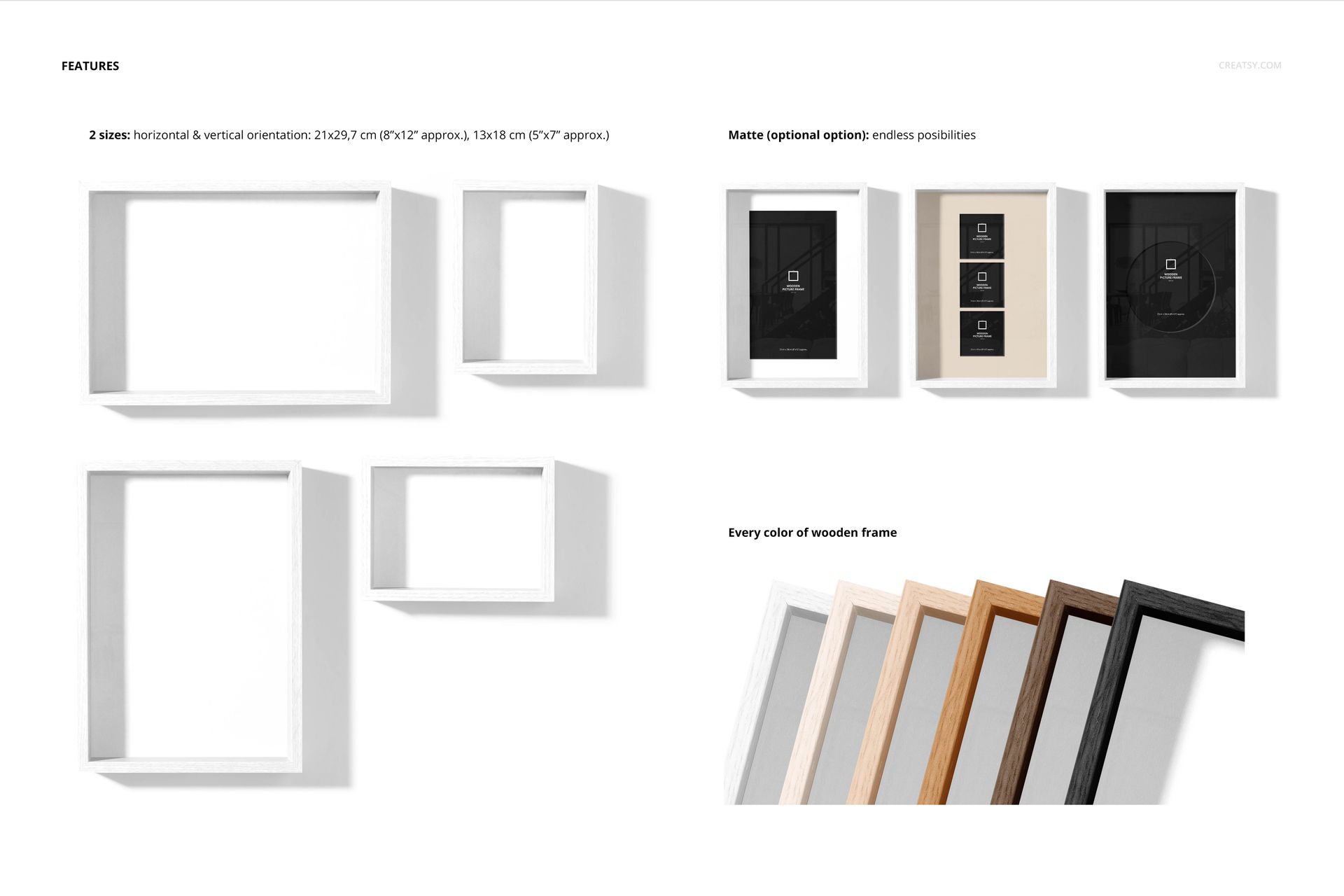 PSD mockup set displaying multiple wooden picture frames in white, black, and natural finishes with different mattes.
