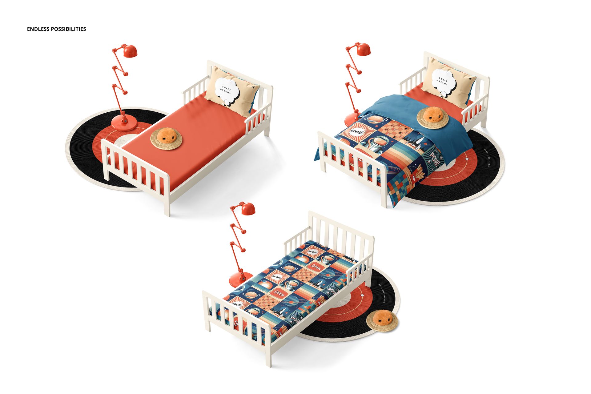 Toddler bedding mockup set featuring three beds with vibrant sheets and pillows, displayed on circular rugs.