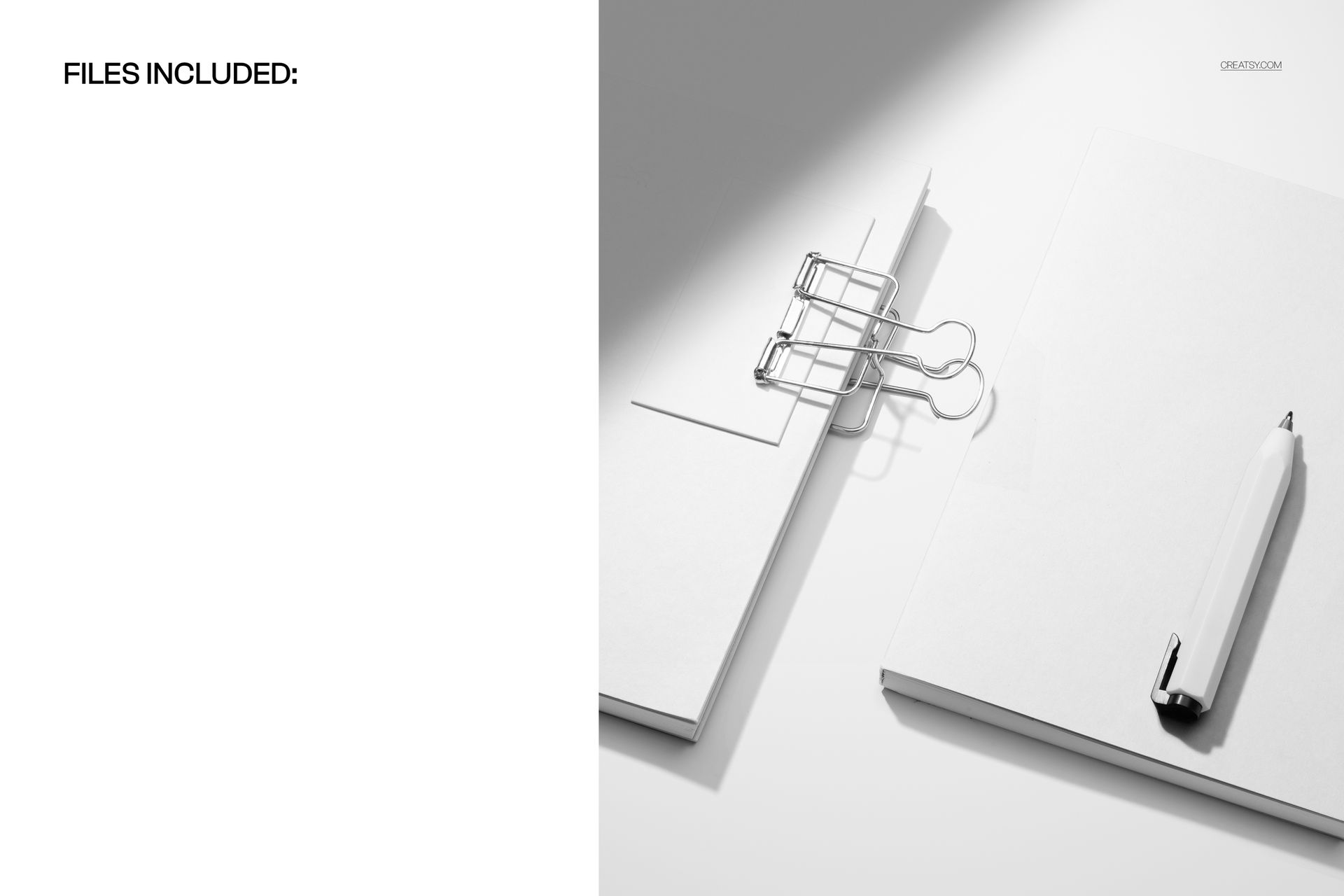 PSD mockup featuring two closed planners, a business card, and a pen, all displayed from above in soft lighting.