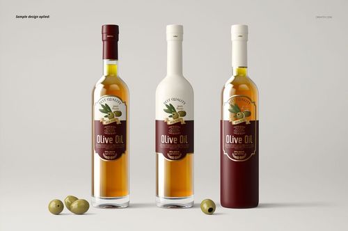 Three olive oil bottles mockup set, featuring transparent, white, and dark bottles with labels and scattered olives.