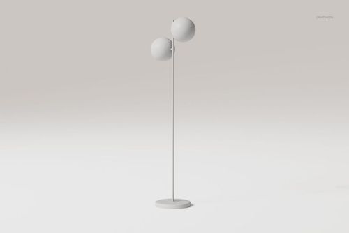 Minimalist double globe floor lamp with two spherical shades on a slender stand, shown from the front on a plain background.
