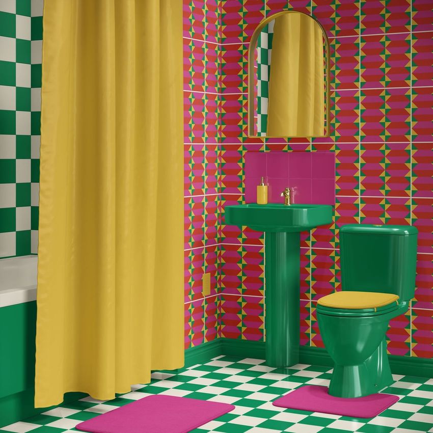 Bathroom mockup with a yellow bath curtain, green fixtures, and bold pink and green geometric tiles on the walls and floor.