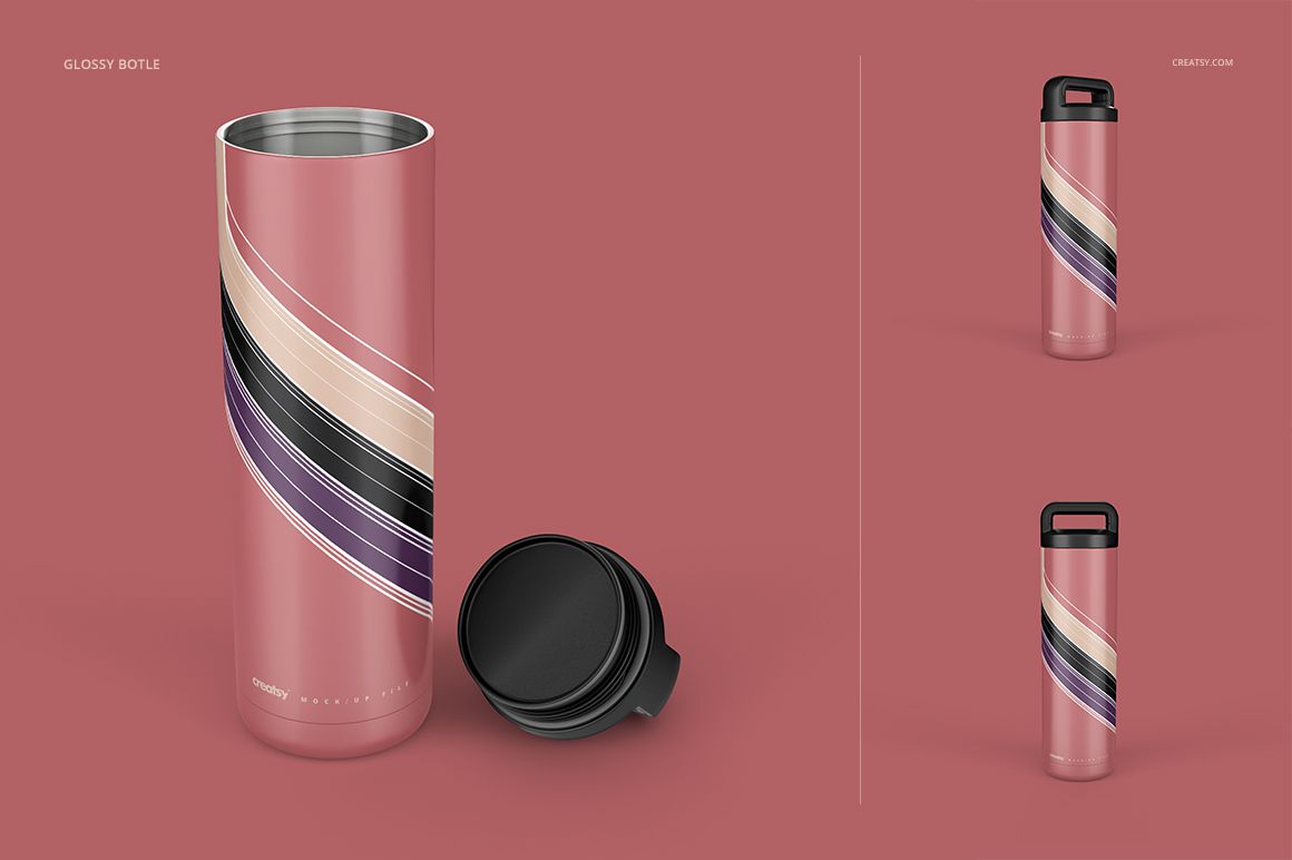 Insulated stainless steel tumbler mockup featuring a glossy finish and wavy stripe pattern, front and side views on pink.
