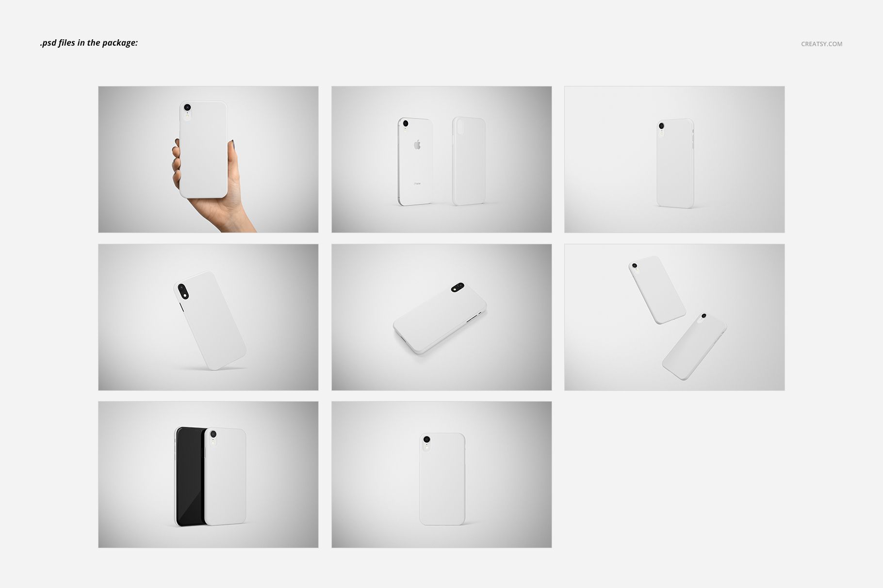 Set of matte iPhone XR snap case mockups in various angles, including hand-held and flat lay views on light backgrounds.