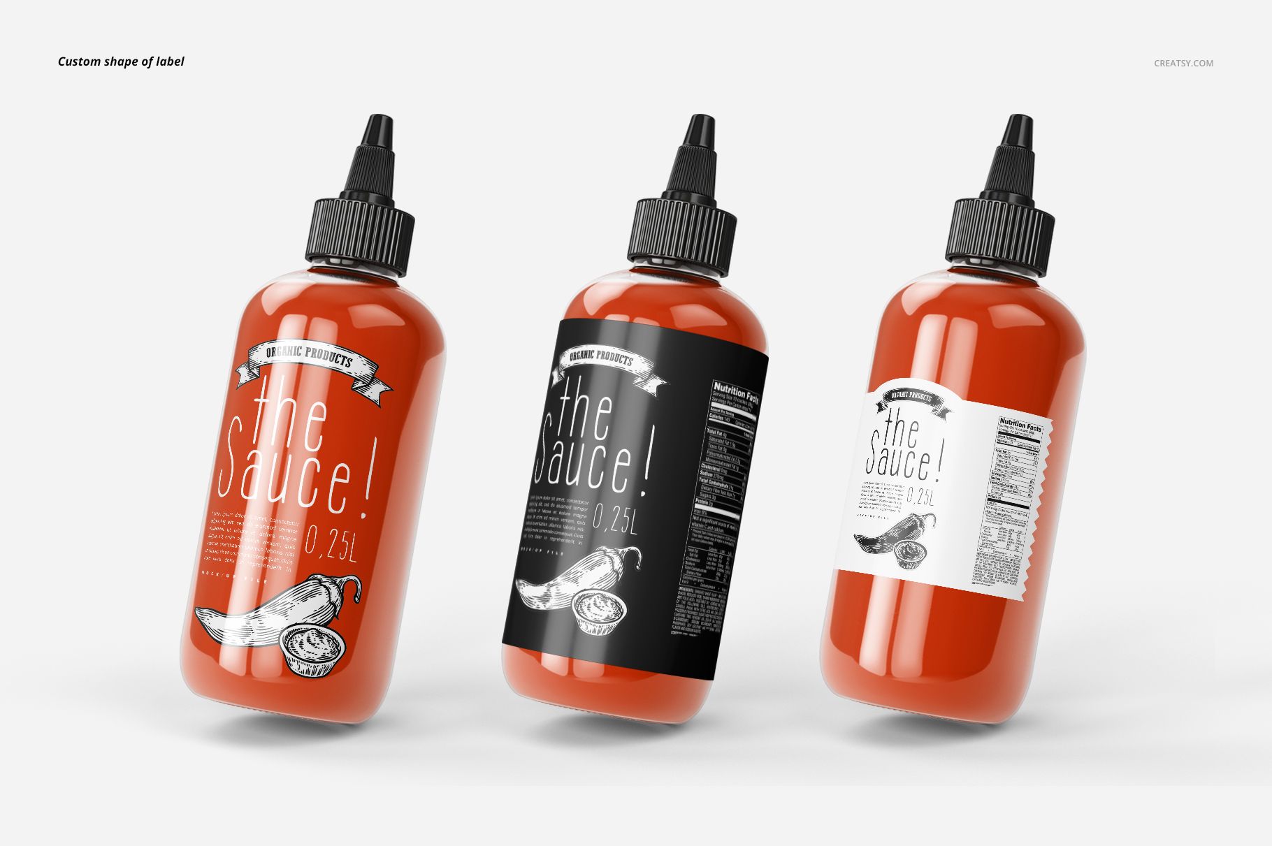 Sauce bottle PSD mockup set with different label designs, black nozzle caps, and a clean white backdrop, front perspective.